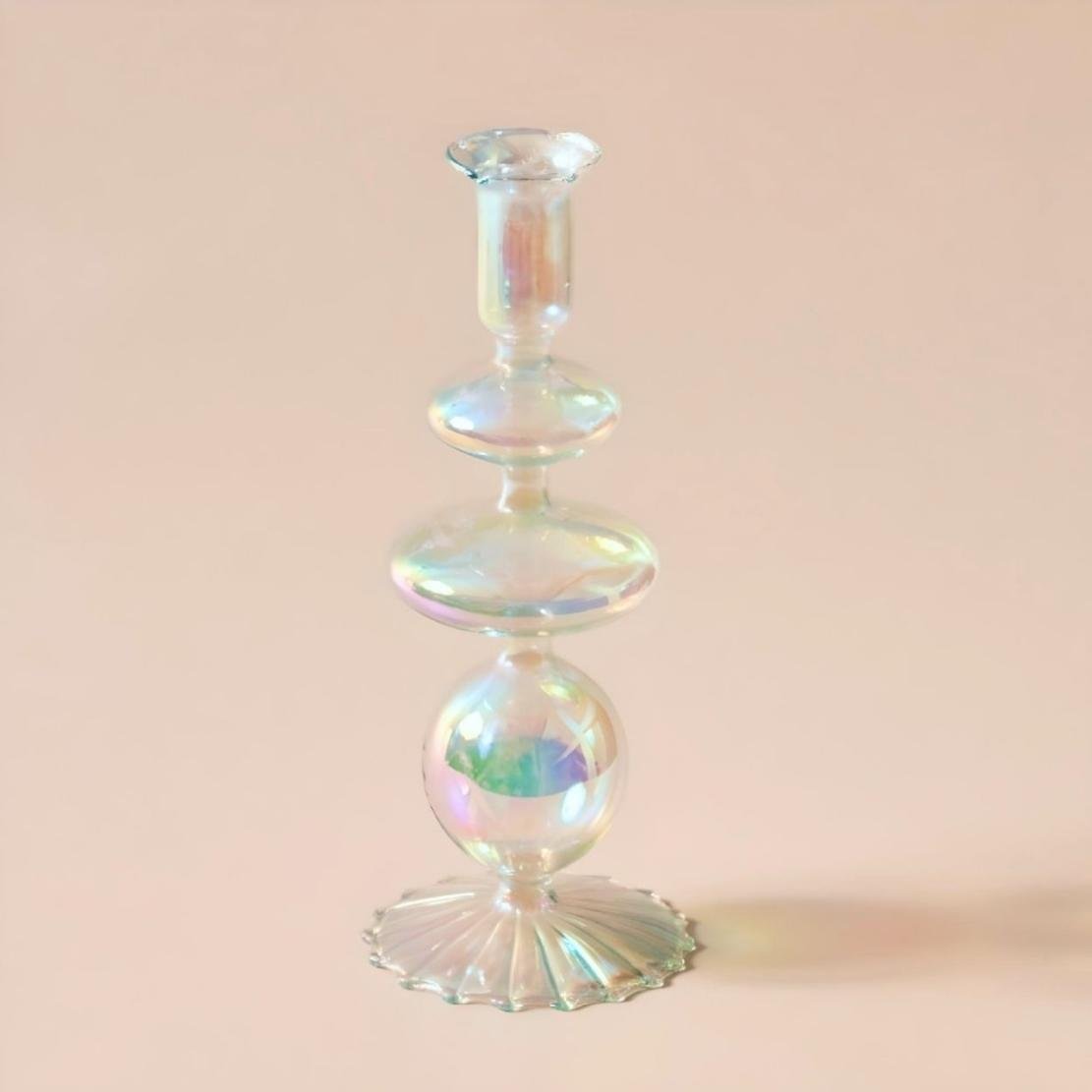 Layered saucer shiny glass candlestick holder