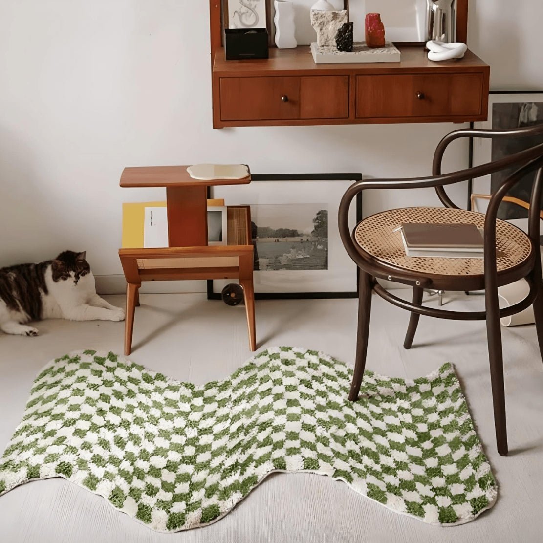 Nordic decor bedroom green white checkerboard wavy floor rug