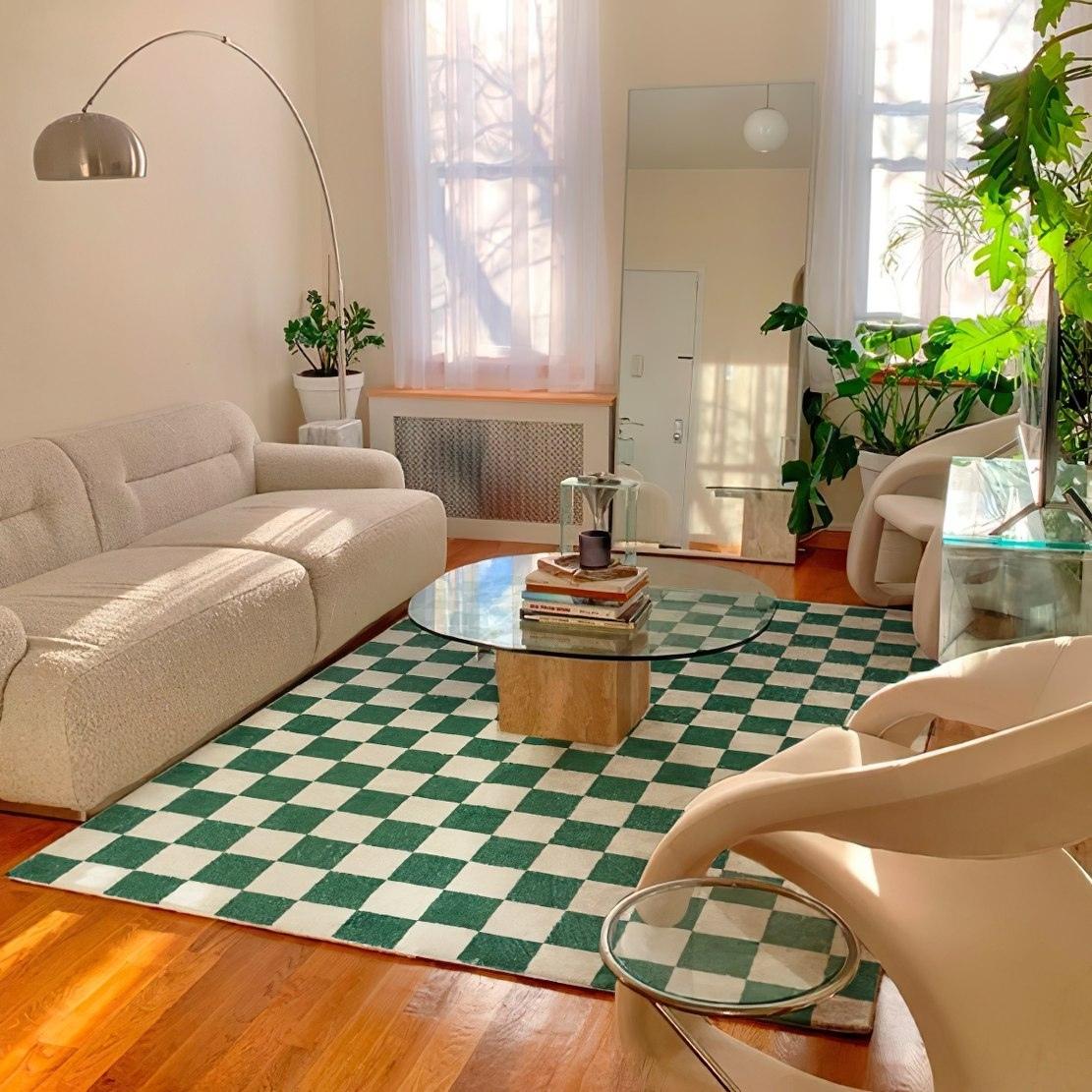 Modern livingroom green white checkerboard area rug