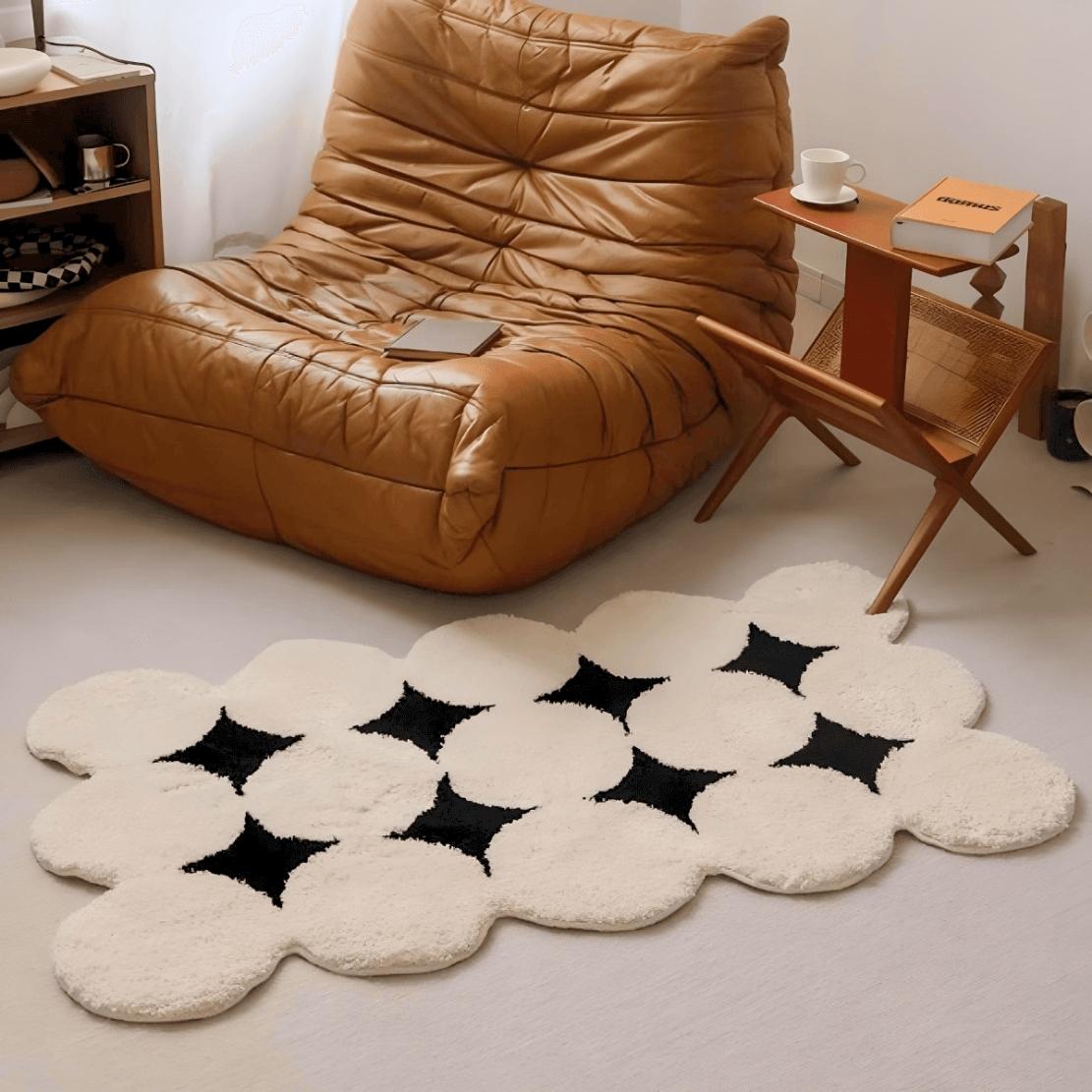 Nordic livingroom modern black white geometric dot floor rug with brown leather chair