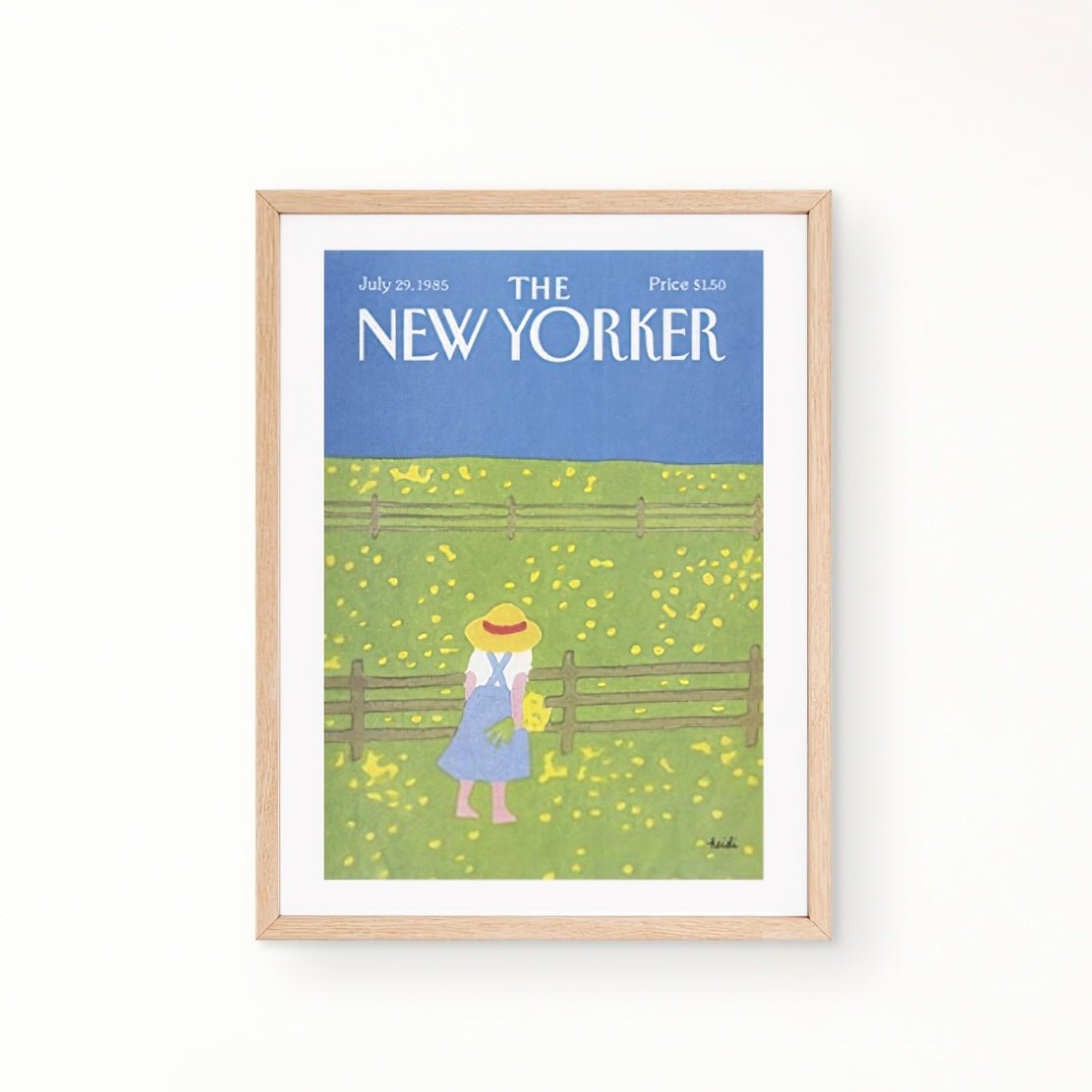 The New Yorker vintage cover green field with yellow flowers, blue sky and a girl
