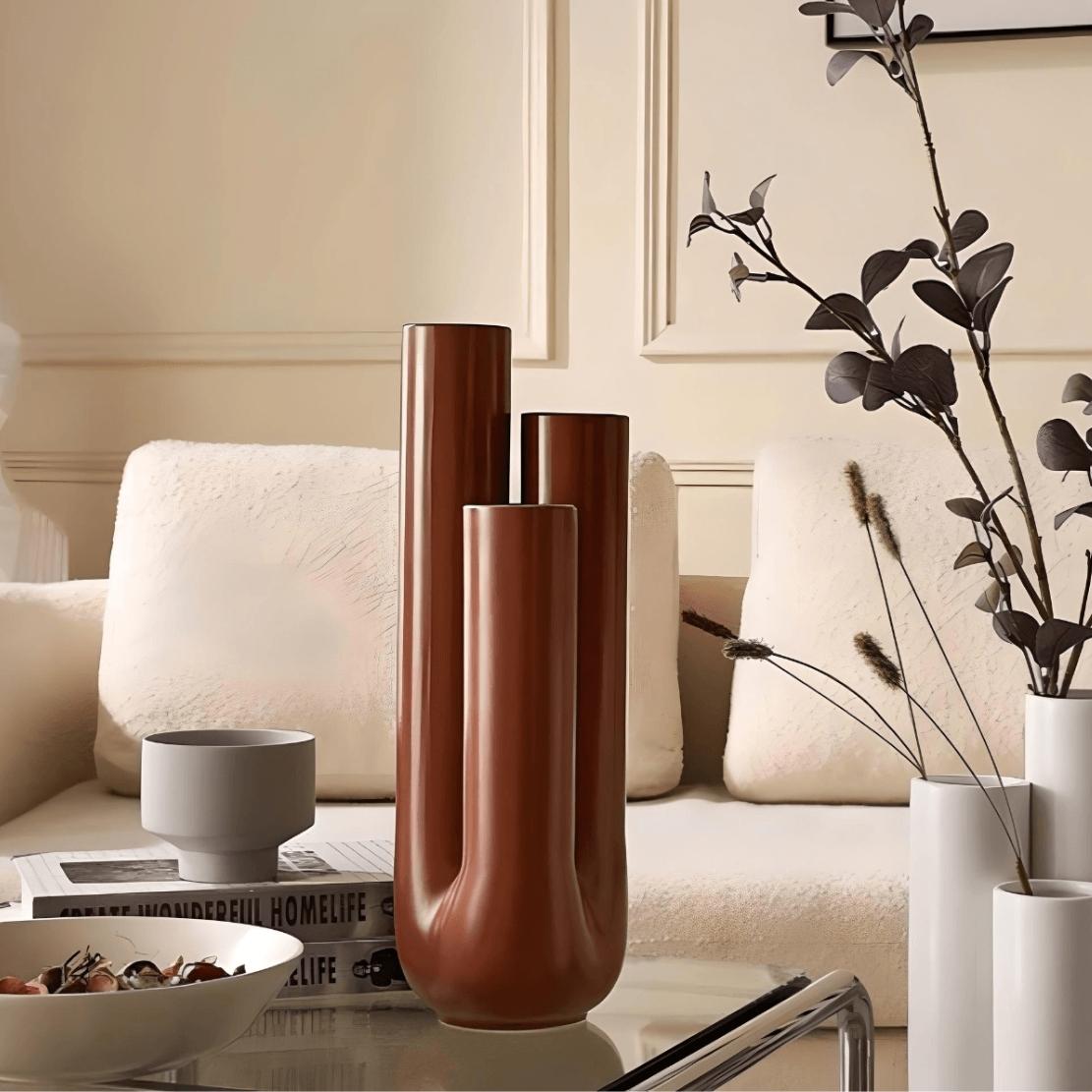 Modern, nordic livingroom brown ceramic pipe vase