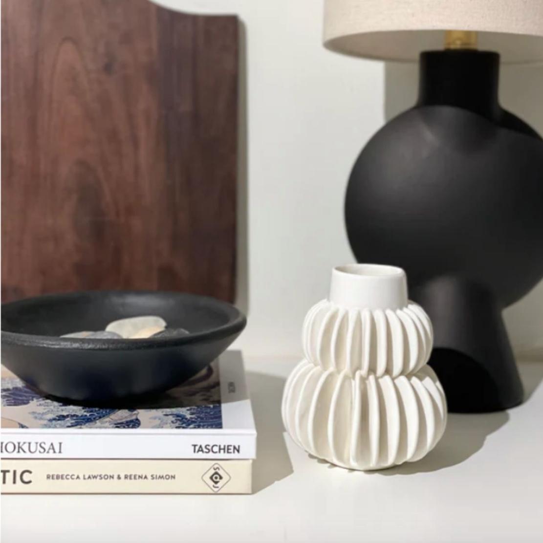 White, ceramic line ball vase