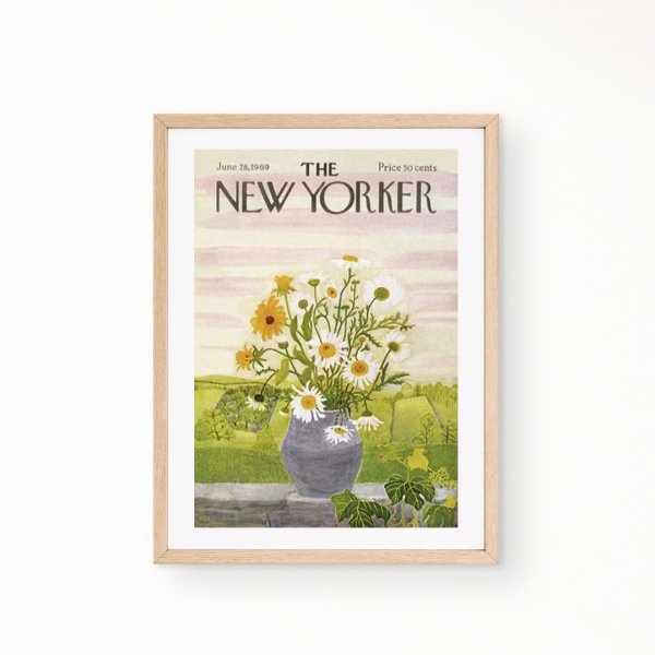 New Yorker Print showcasing a Vase with Yellow Flowers and daisies on a farm, radiating natural beauty.