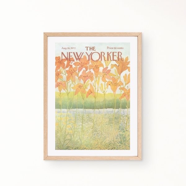 New Yorker Print capturing a Green Field adorned with Orange Lilies, a stunning floral display.