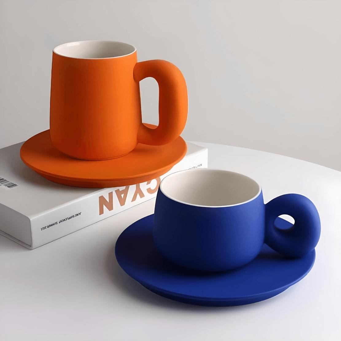Orange & blue groovy ceramic mug with saucer