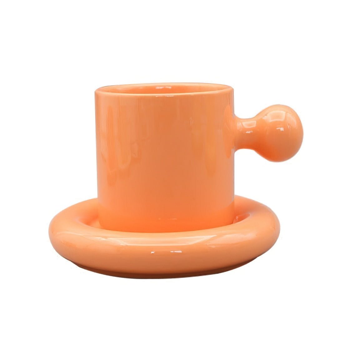 Orange Shrek Ear Mug, ceramic knob handle mug with saucer.
