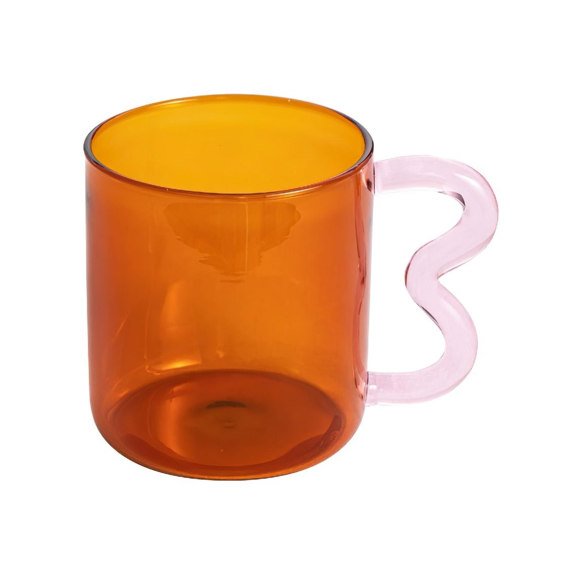Orange glass, pink squiggle handle glass mug