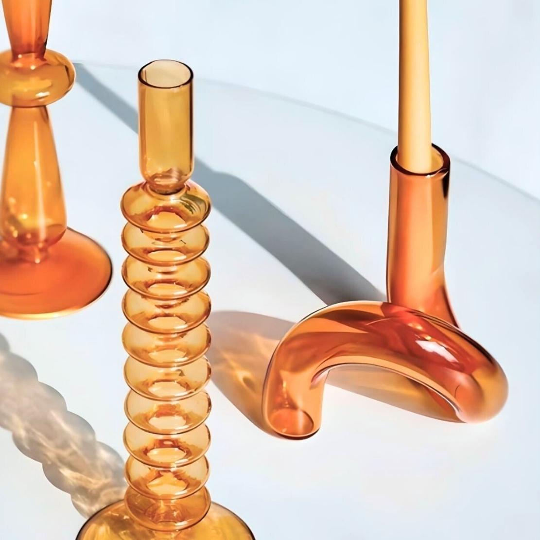 Orange ripple glass tall candlestick holder