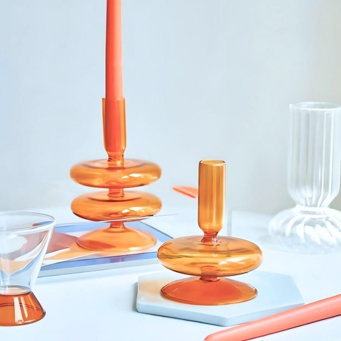 Orange glass layered saucer candlestick holder