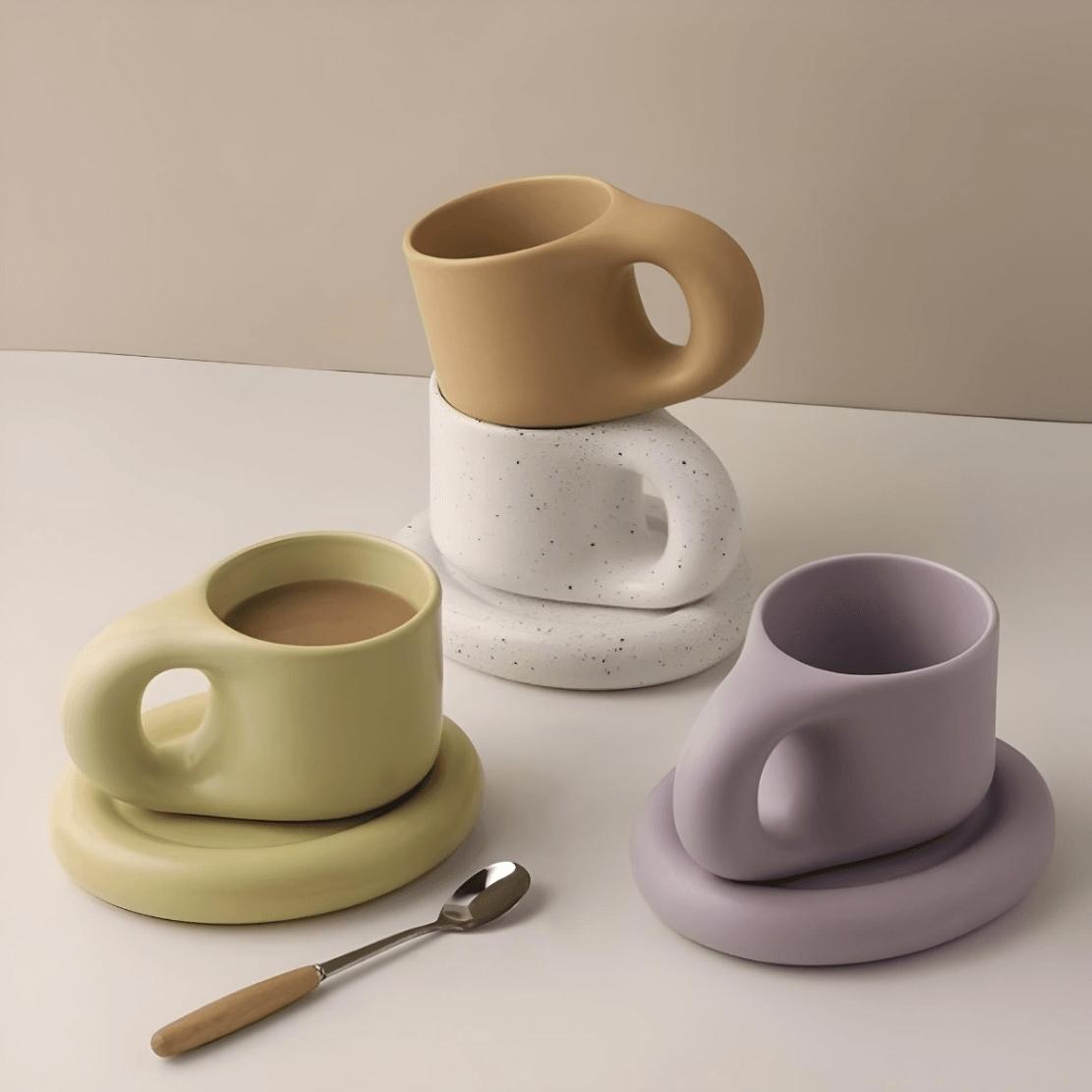 Pastel ceramic chunky coffee mugs and saucer