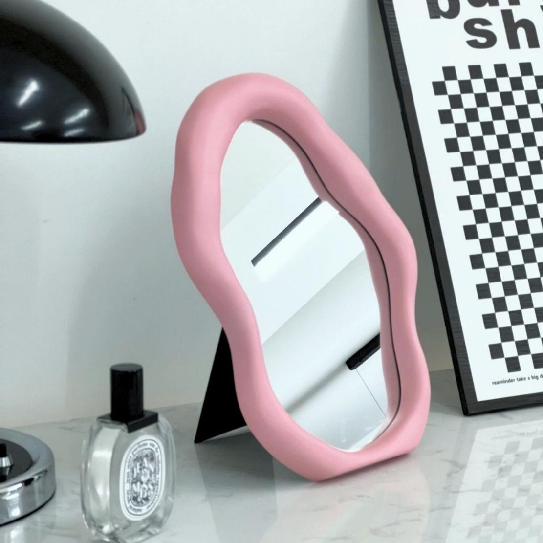 Pink, asymmetrical frame decorative table mirror