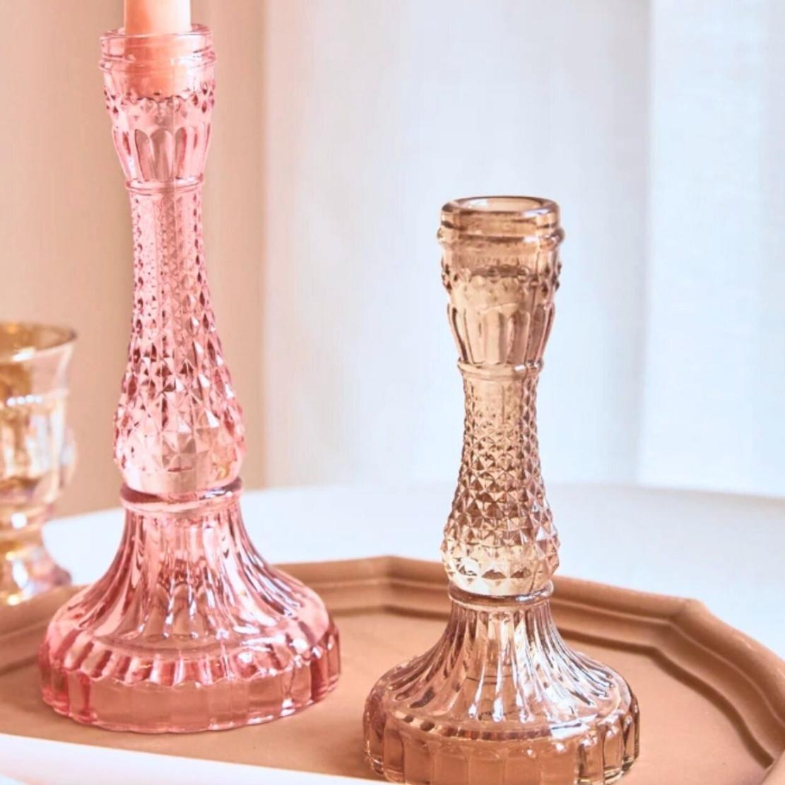 Pink & brown romantic glass candlestick holder