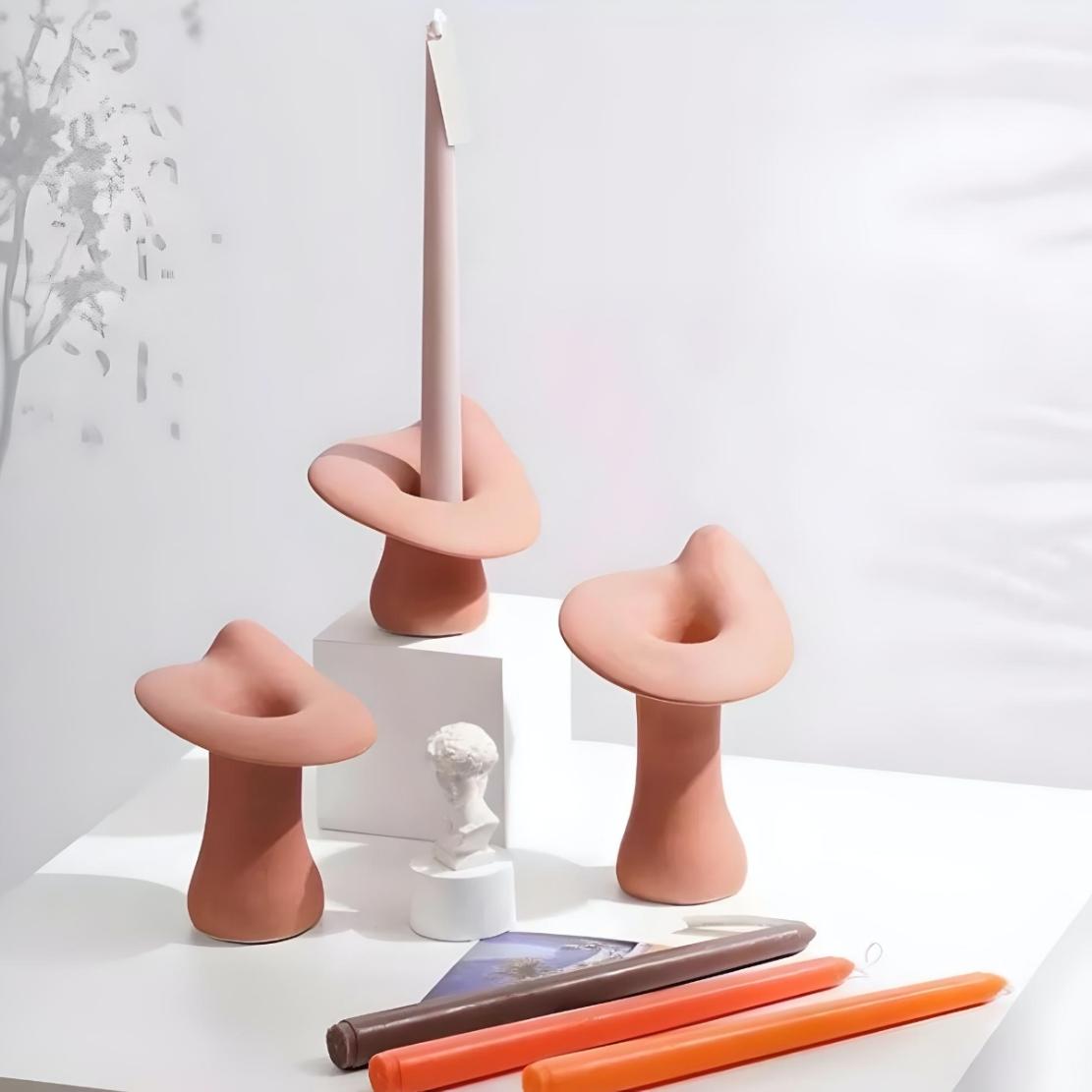 Pink, ceramic mushroom candleholder