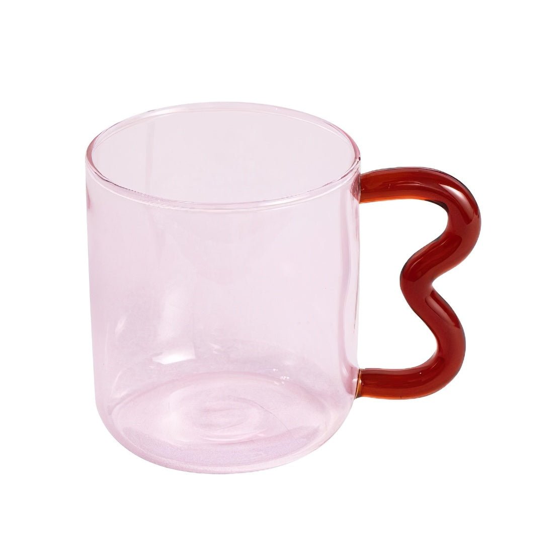 Pink glass, red squiggle handle glass mug