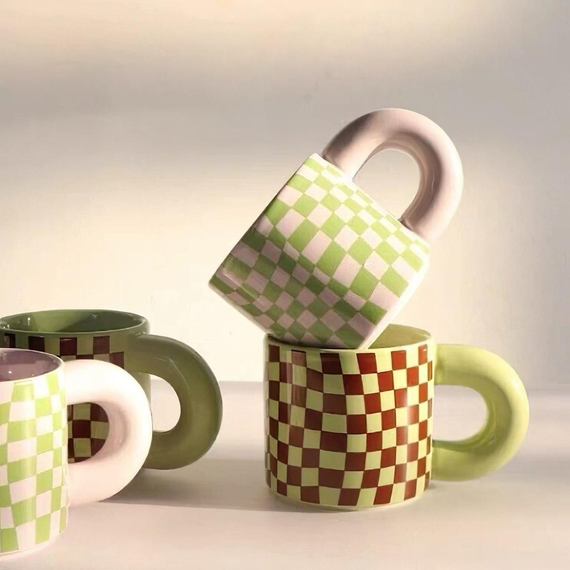 Green, pink, brown, groovy retro coffee mugs with chunky handle