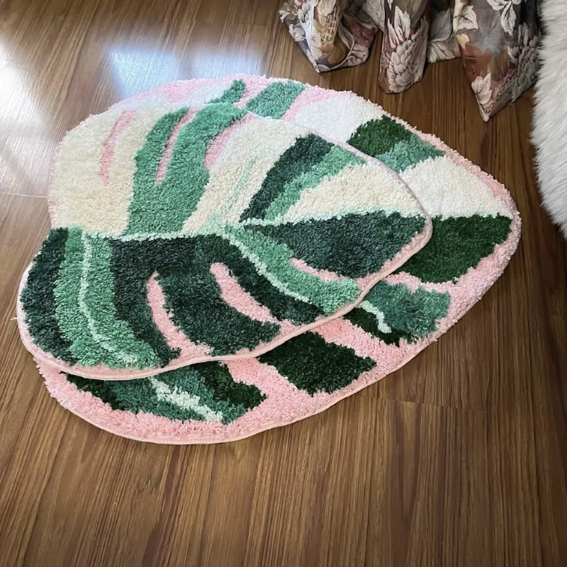 Pink & green monstera leaf jungle plant floor rugs
