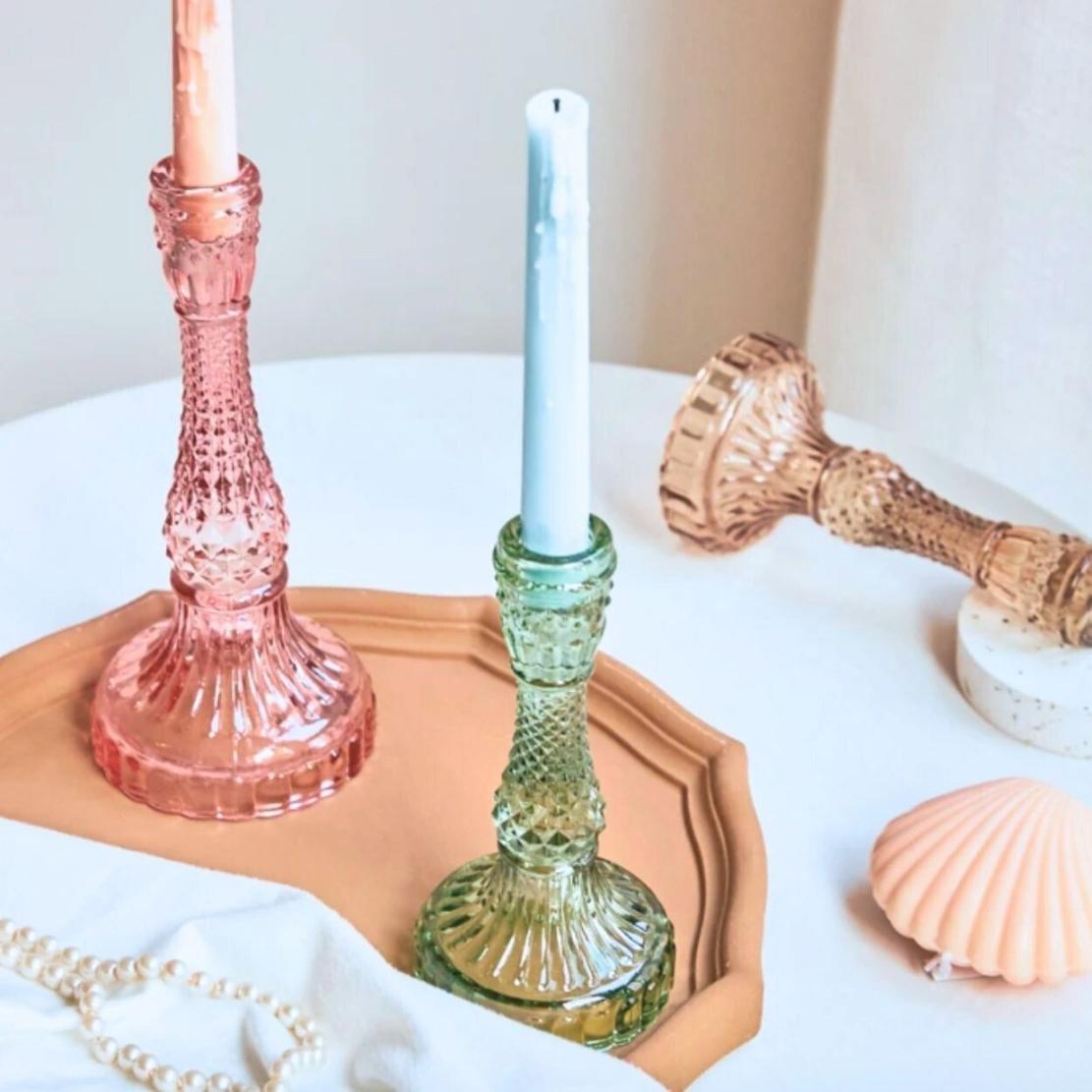 Pink, green, brown glass romantic candlestick holders