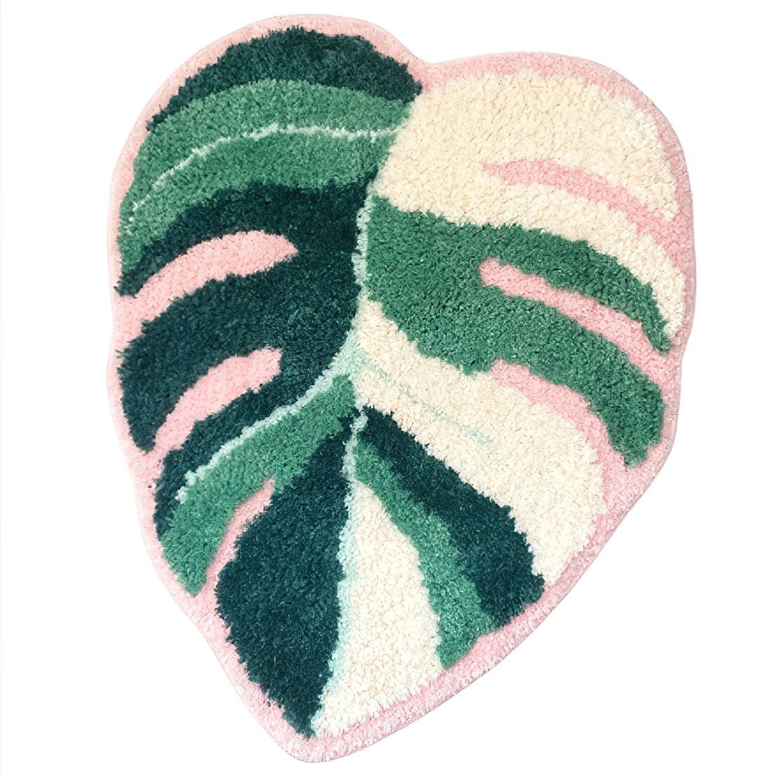 Pink, green & white monstera jungle plant leaf floor rug