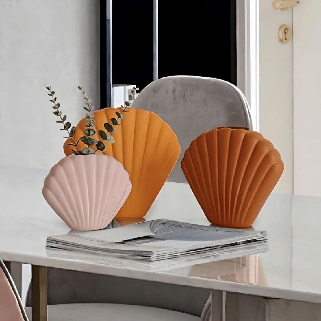 Pink, orange and brown decorative ceramic shell vases