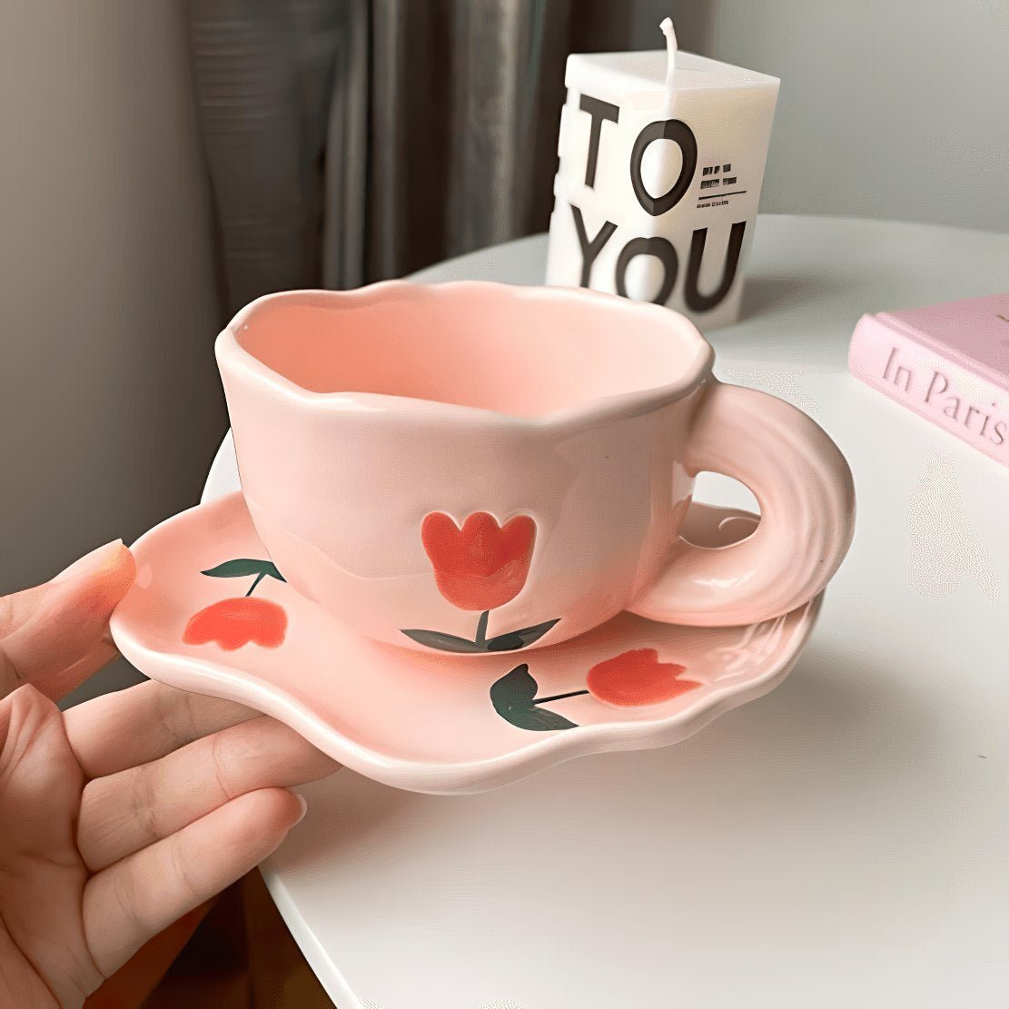 Pink & red hand painted tulip flower pattern ceramic mug with saucer