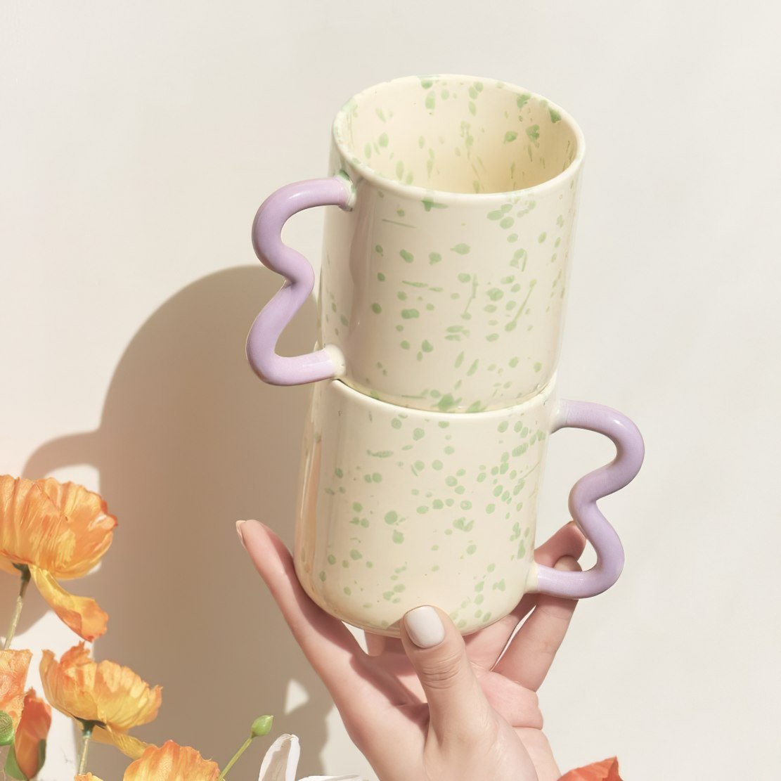 Pink squiggle handle cream yellow green splash ink ceramic mug