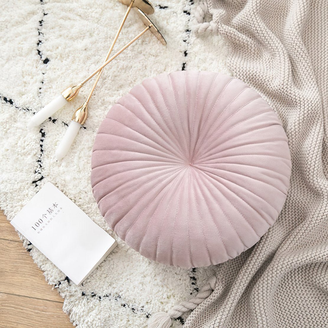 Pink, velvet round pumpkin decorative cushion