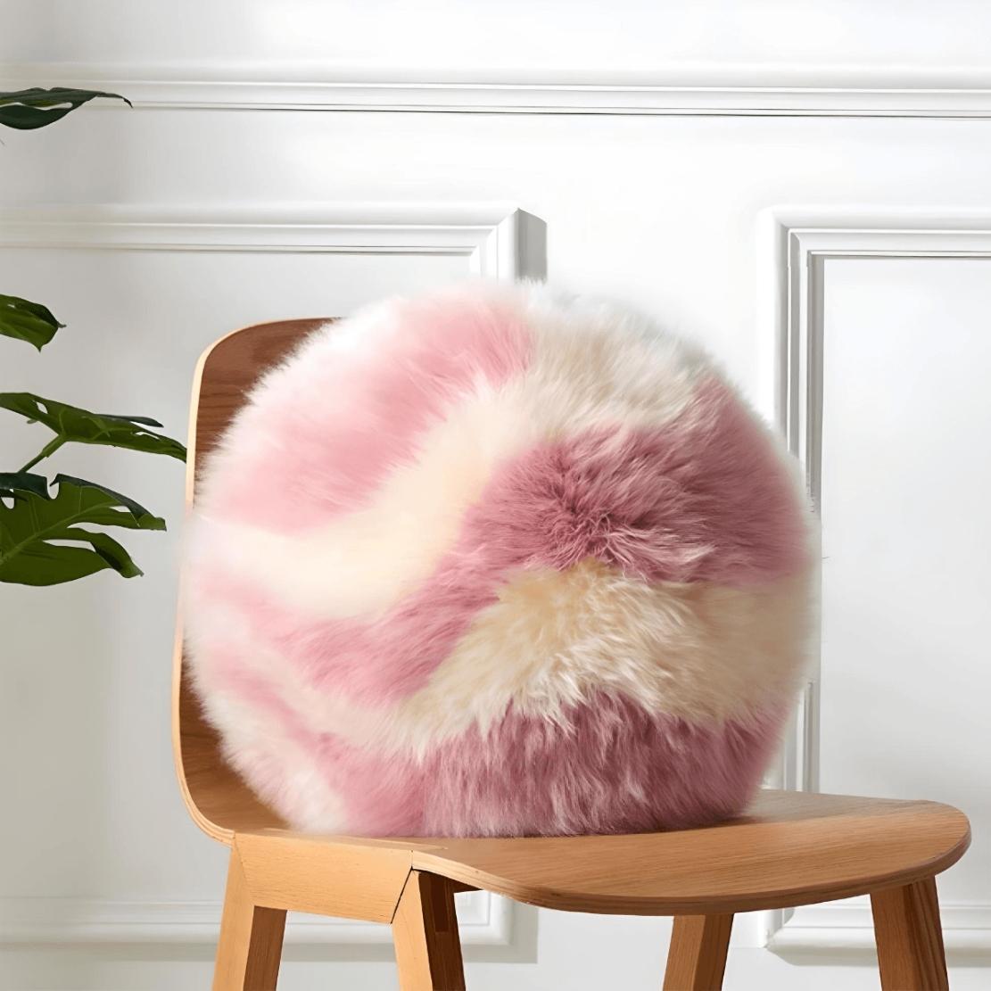 White pink fluffy round throw pillow