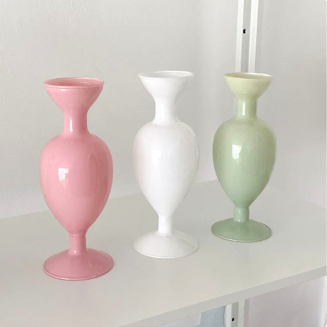 Pink, white and green elegant romantic glass flower vases
