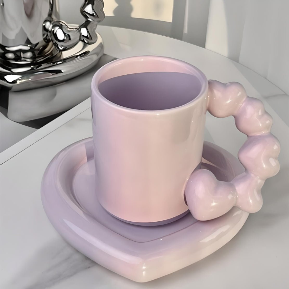 Purple ceramic mug with heart handle & saucer