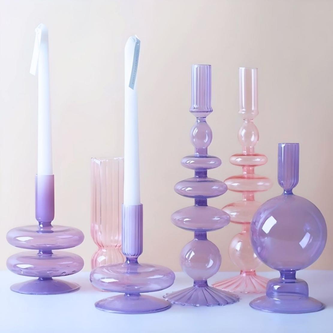 Purple glass layered ball candlestick holders