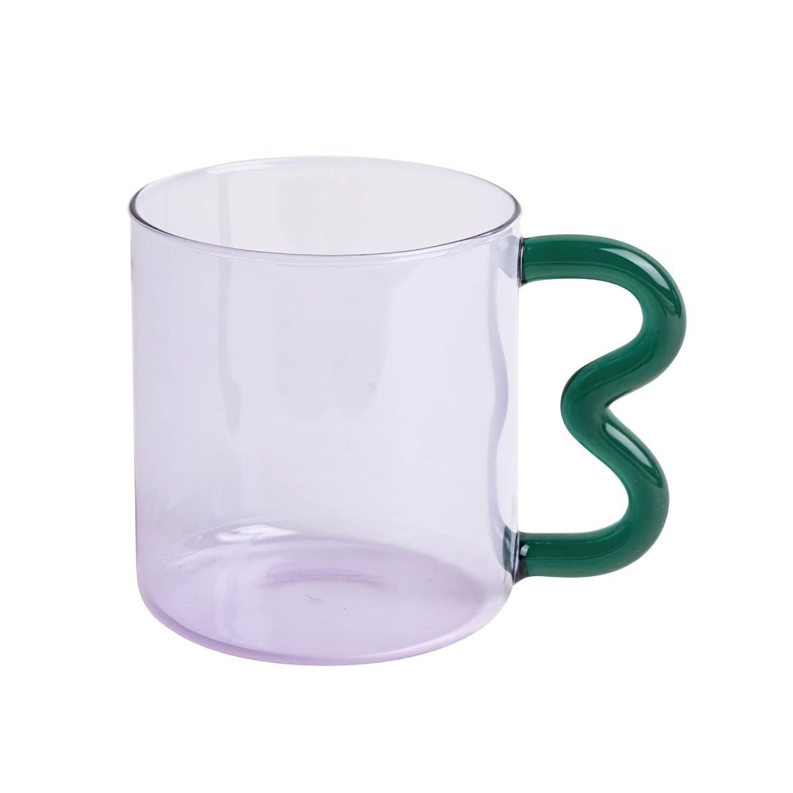 Purple glass, green squiggle handle glass mug