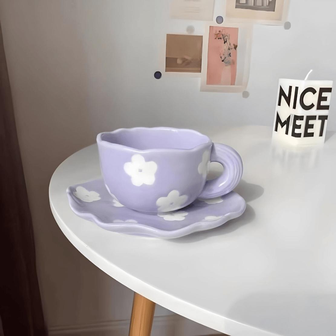 Purple & white flower pattern ceramic mug with saucer