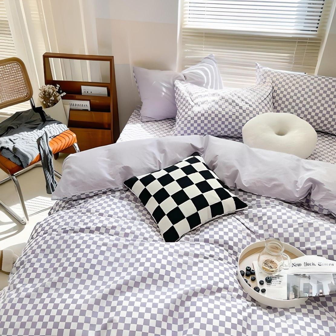 Purple white small pastel checkerboard pattern bedding set