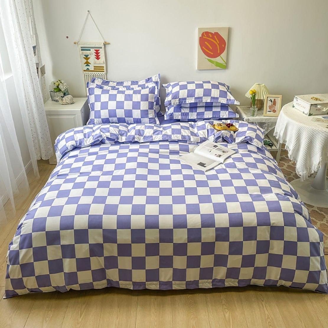 Purple white checkerboard bedding set