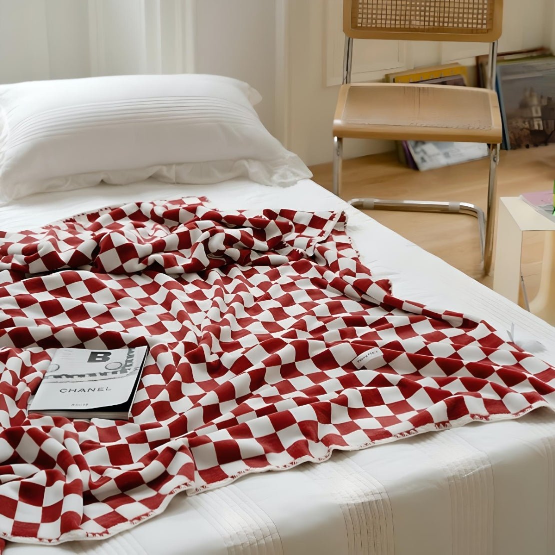 Red white checkerboard fleece blanket