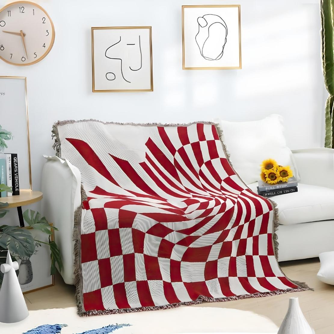 Red & white groovy checkerboard tassel sofa blanket