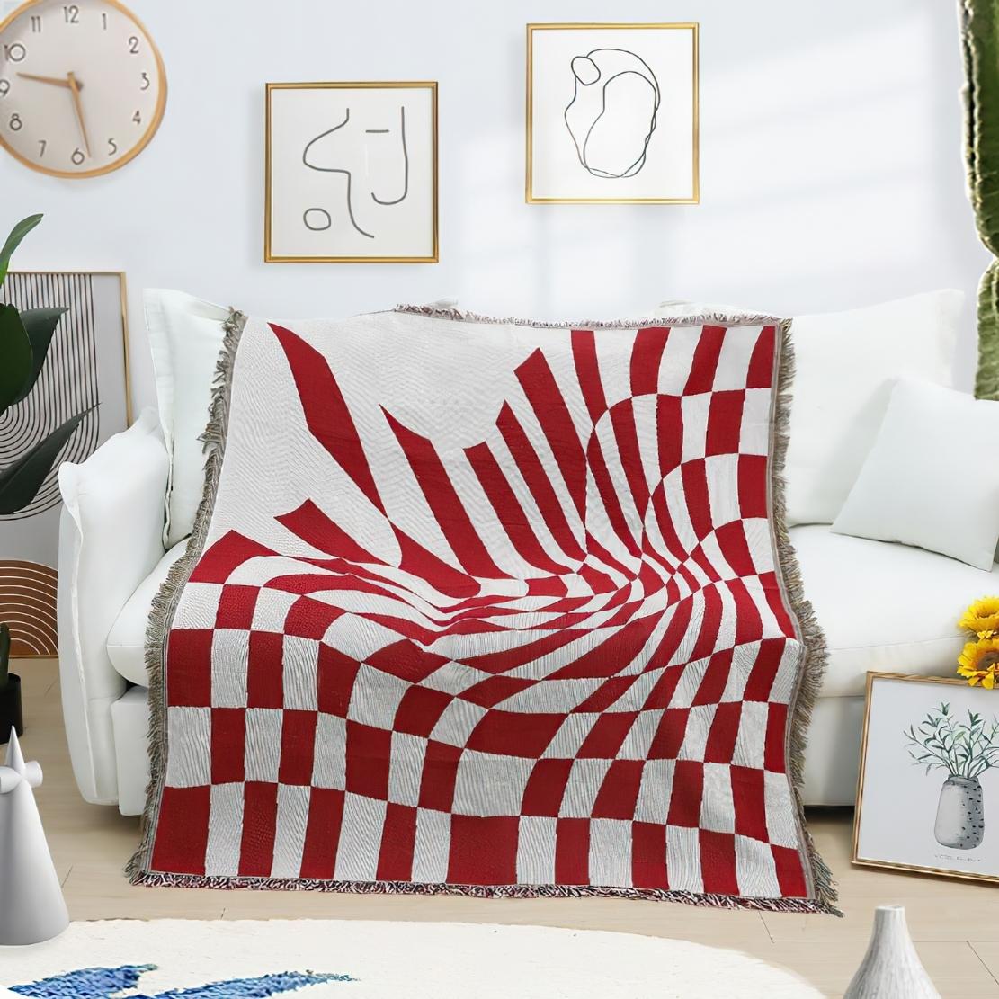 Red & white groovy retro checkerboard tassel blanket