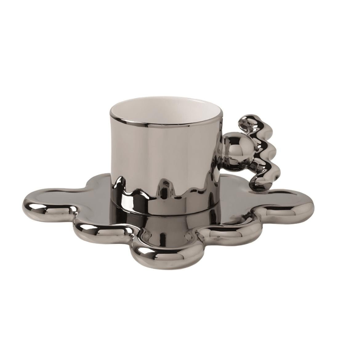 Silver  geometrical handle ceramic mug & wavy saucer