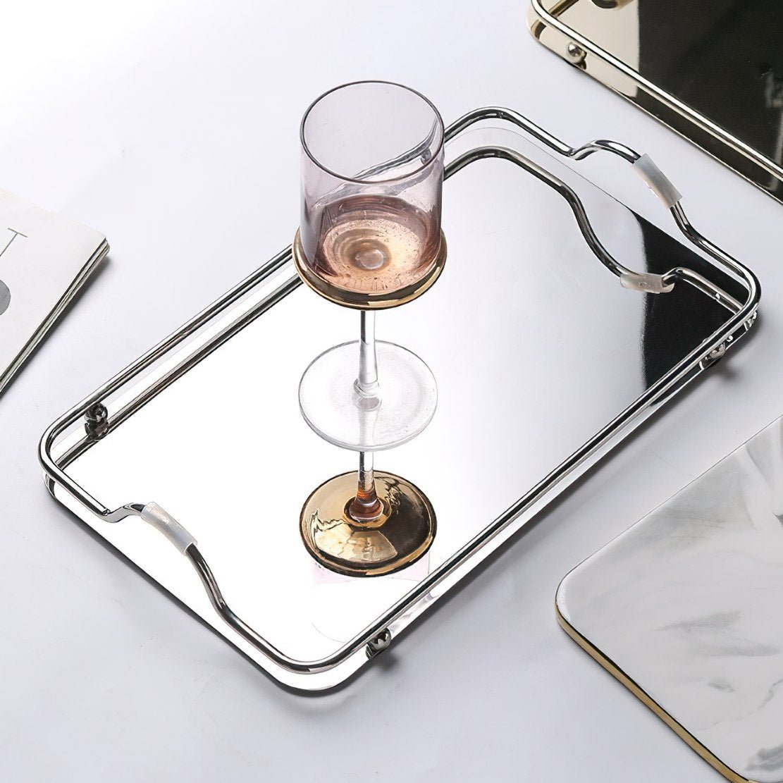 Metallic silver serving tray with wine glass