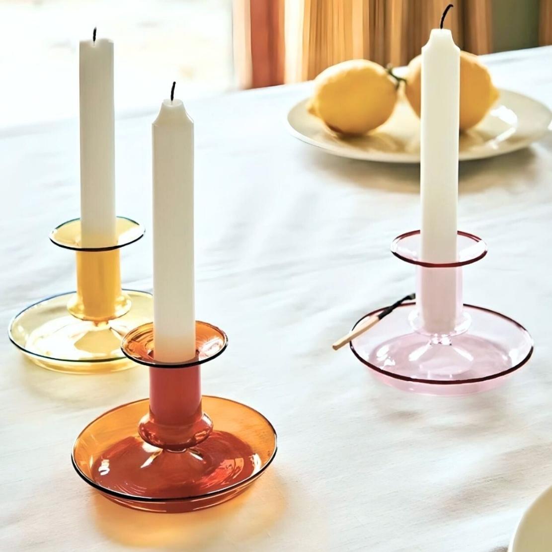 Minimalistic, amber, brown & pink glass candlestick holders