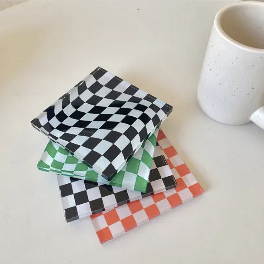 Groovy, checkerboard pattern acrylic, square shape cup coasters