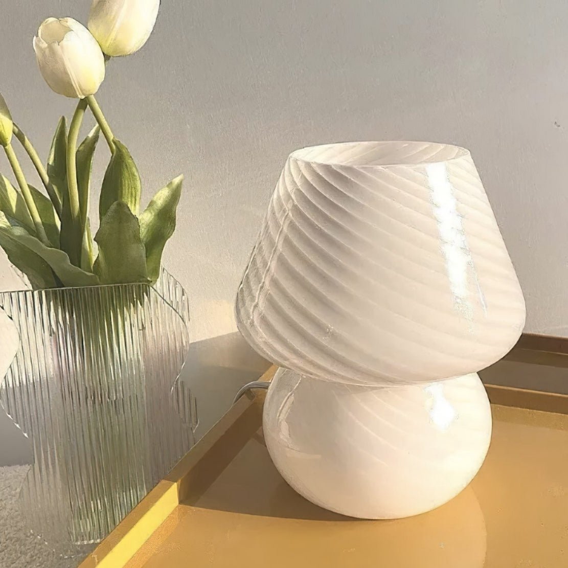 Cute, white line glass mushroom lamp