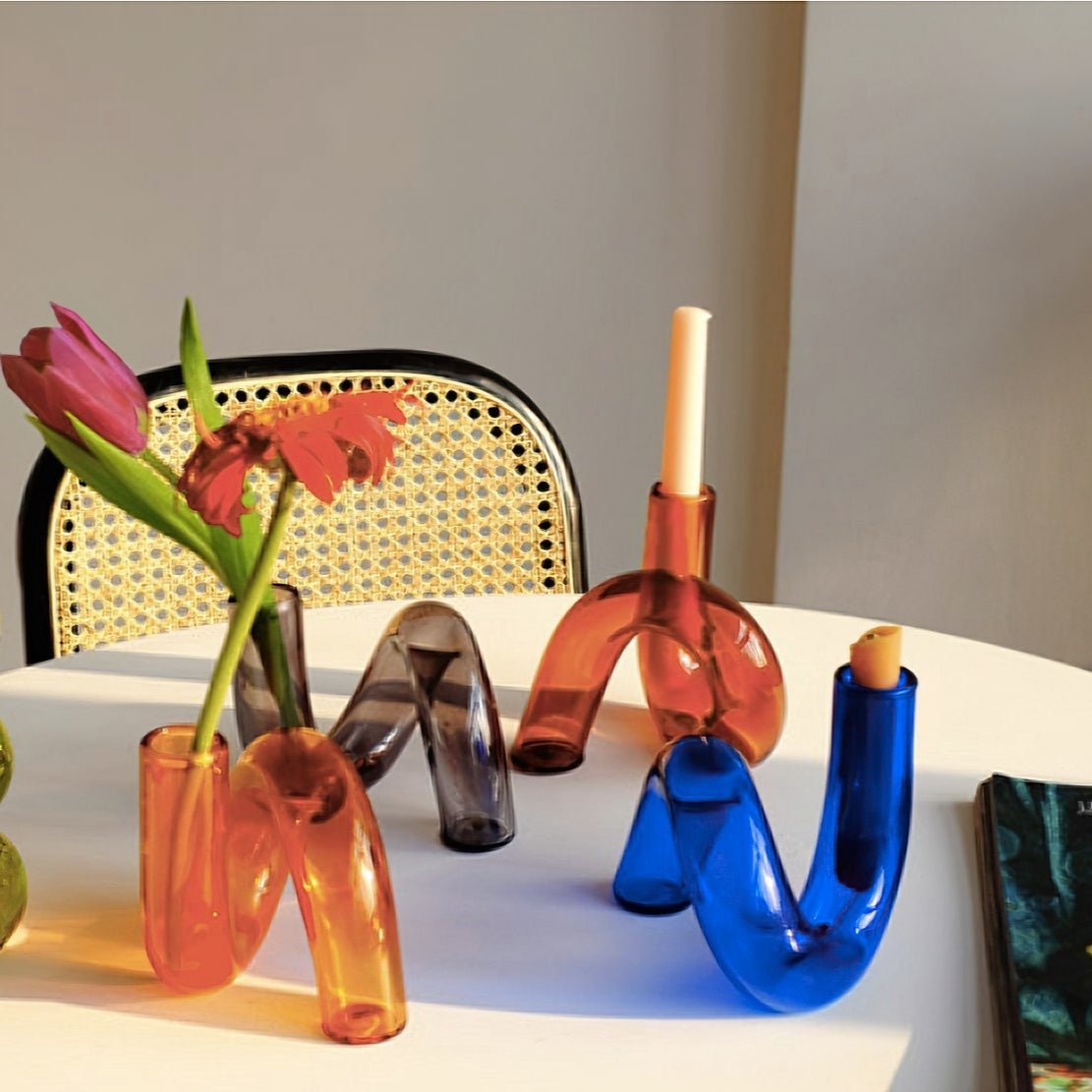 Vibrant colours geometrical glass twist vases