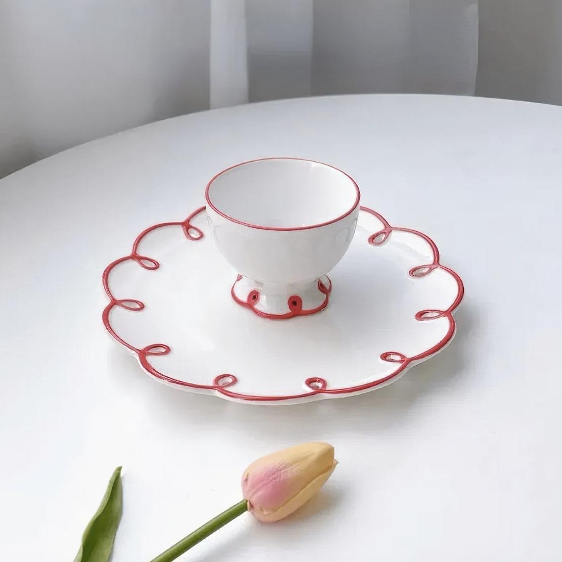 White flower red rim vintage bloom plate and tea cup