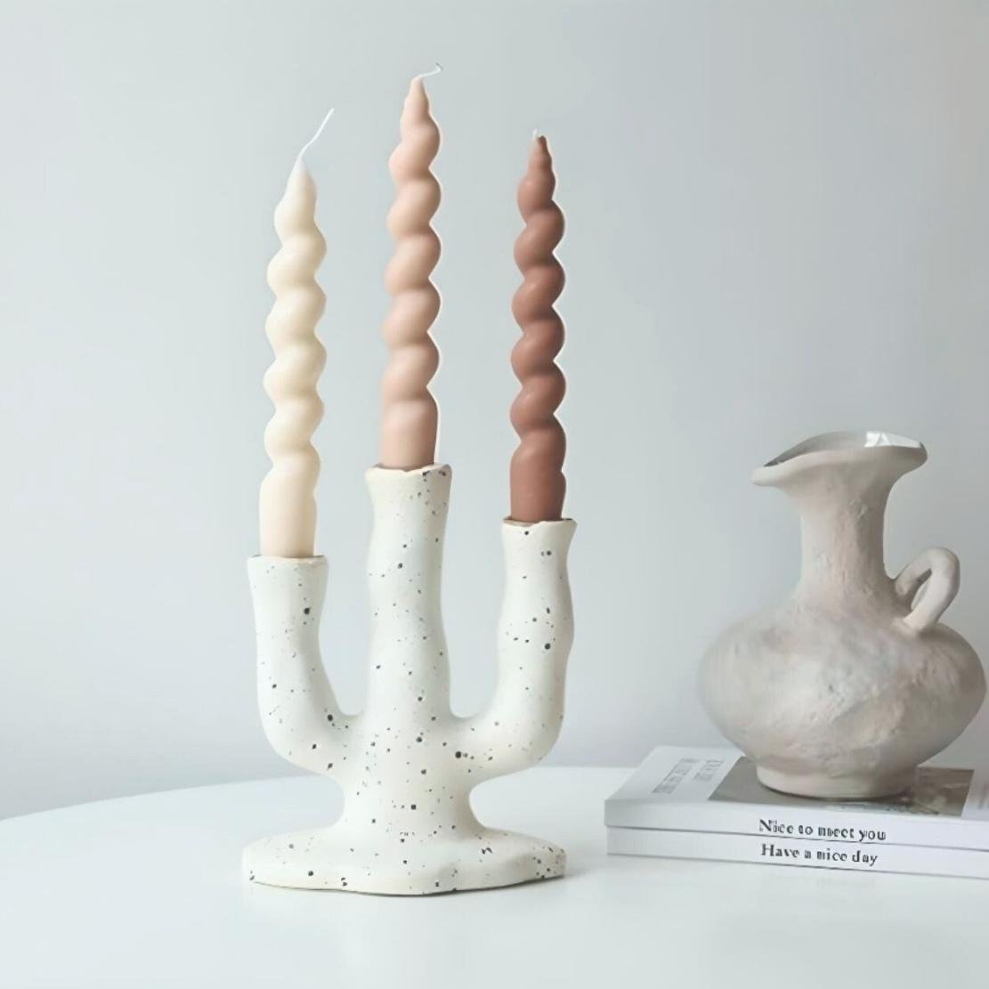 White splash ink irregular ceramic candlestick holder with arch shape and 3 heads