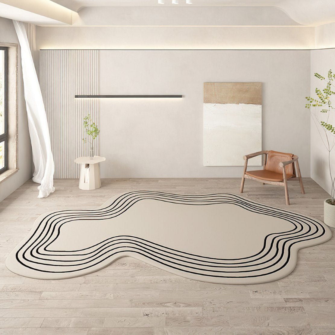 irregular shape white floor rug with black lines.