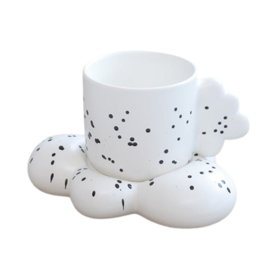 White and black splash ink ceramic mug with cloud handle and saucer