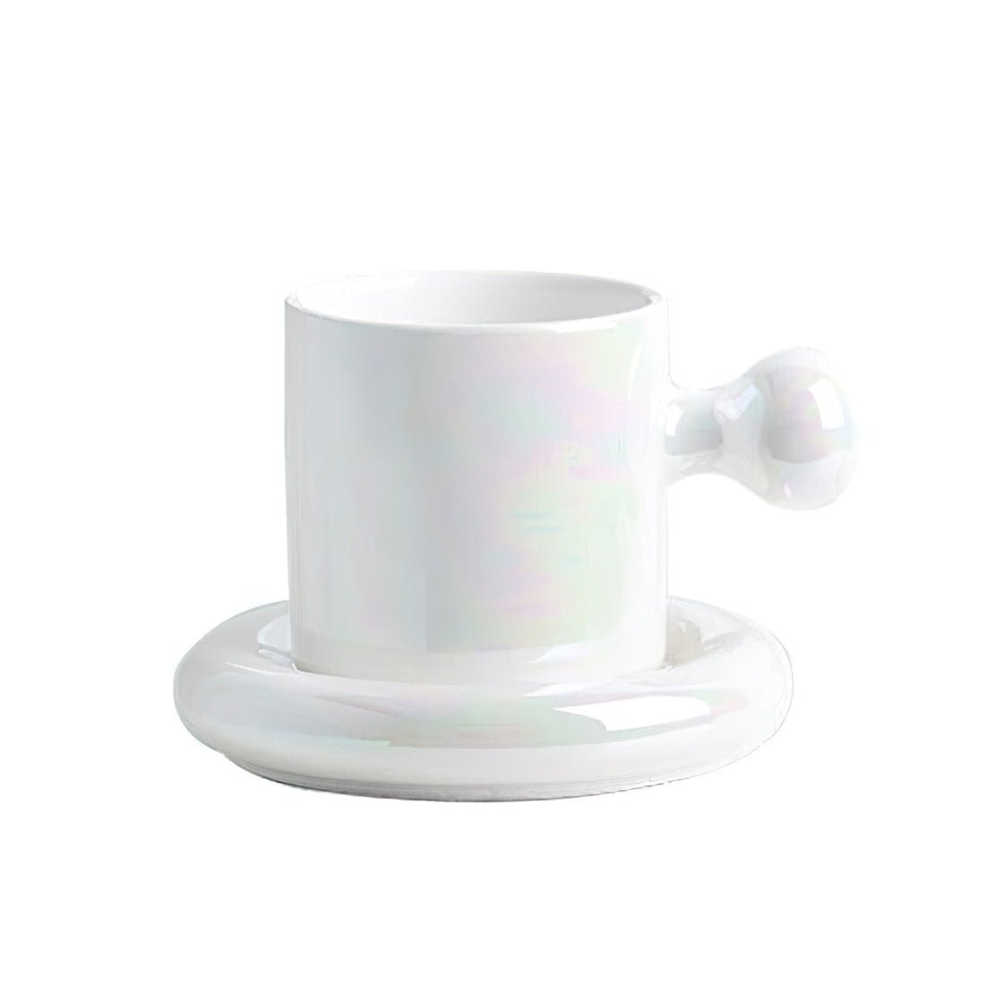 White Shrek Ear Mug, ceramic knob handle mug with saucer.