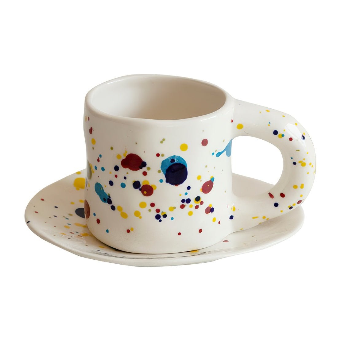 White, colourful splash ink pottery mug with saucer